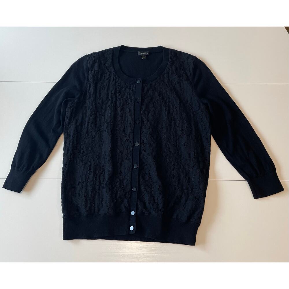 Talbots Cardigan Sweater Sz M Lace Front Black 3/4 Sleeves Button Front Feminine - Picture 5 of 8